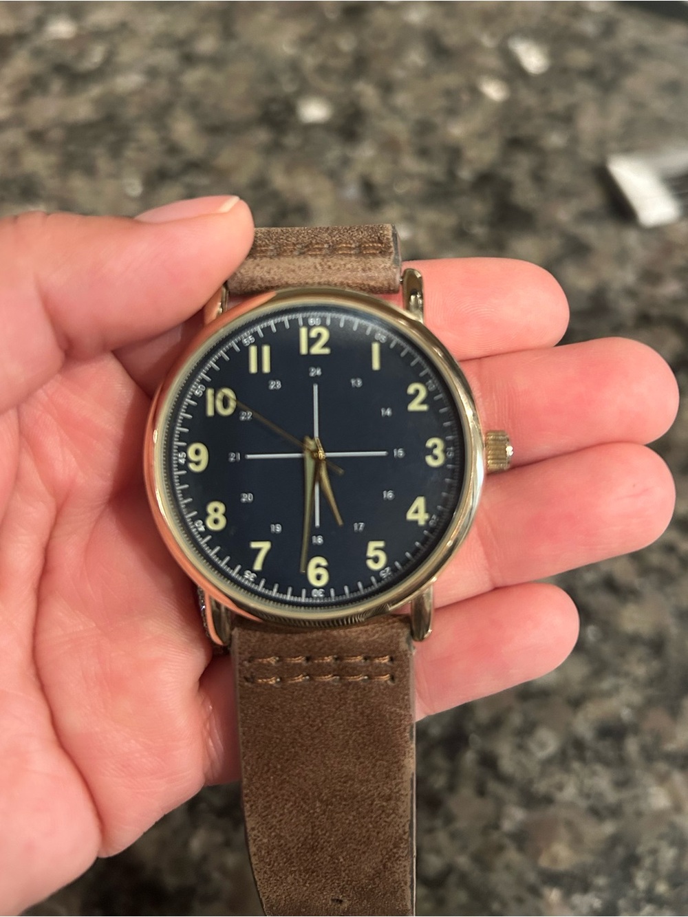 Men’s Classic Brown Leather-Strap Watch with Navy Dial